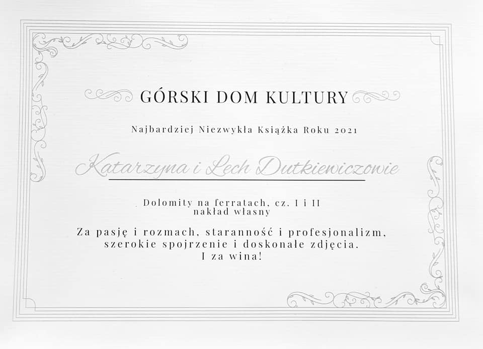 Nagroda do G&oacute;rskiego Domu Kultury dla Dolomity Na Ferratach - Przewodnik